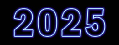 Siyah arka planda mavi neon renkli 2025 yıl. Vektör illüstrasyonu
