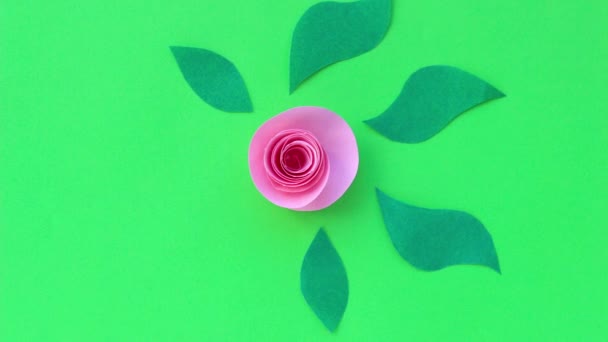 Розовая оригами-бумага позирует с зелеными постепенно появляющимися листьями в центре зеленого фона. Стоп-кадр — стоковое видео