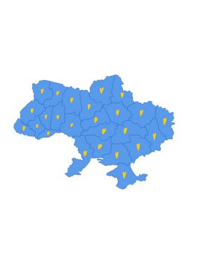 Ukraine map with regions marked with hearts. Stand for Ukraine concept. War in Ukraine