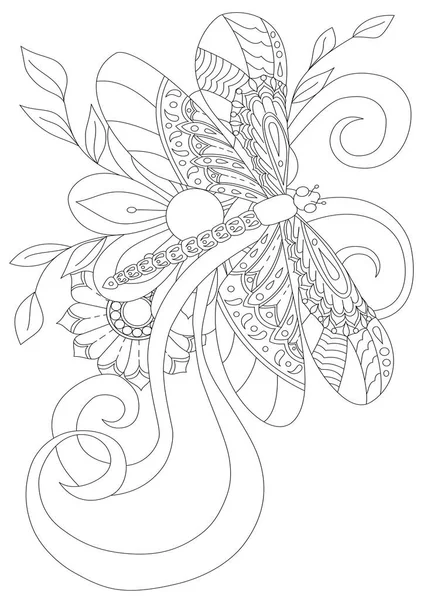 Dragonfly Flowers Coloring Page — Stock Vector