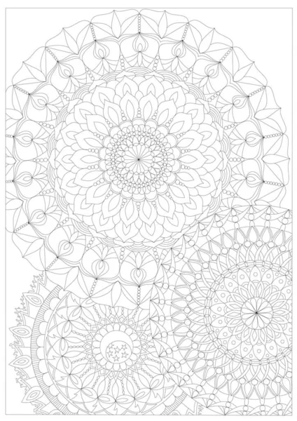 Hand Drawn Overlapping Mandalas Coloring Page — Stock Vector