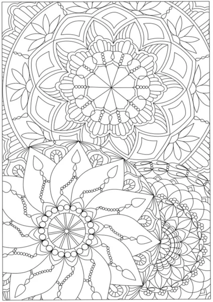 Hand Drawn Overlapping Mandalas Coloring Page — Stock Vector