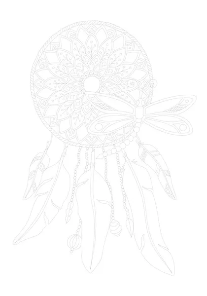 Hand Drawn Dreamcatcher Dragonfly Coloring Picture — Stock Vector