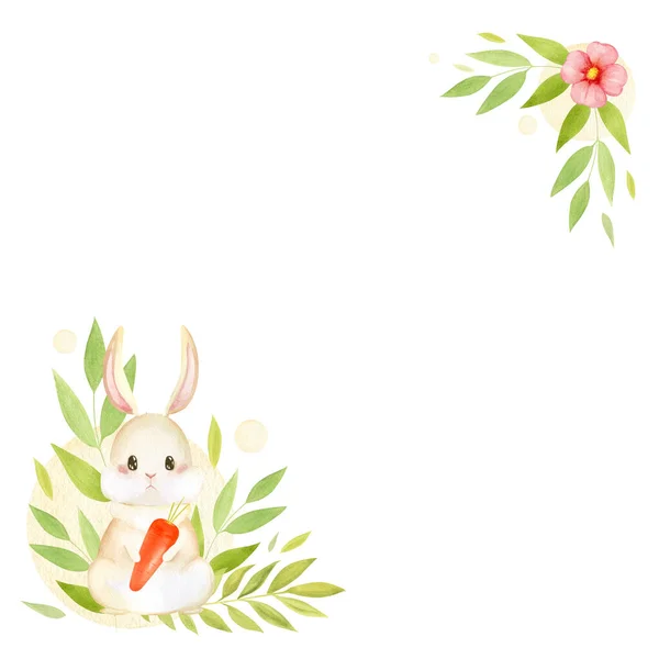 Watercolor rabbit frame with carrot and plants — Stock Photo, Image