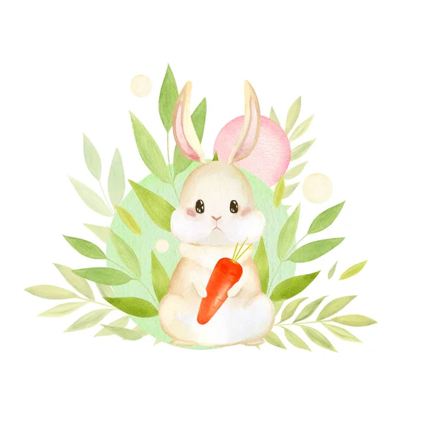 Watercolor rabbit composition with carrot and plants — Stock Photo, Image