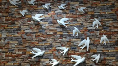 Kuşlarla dolu renkli tuğla duvar