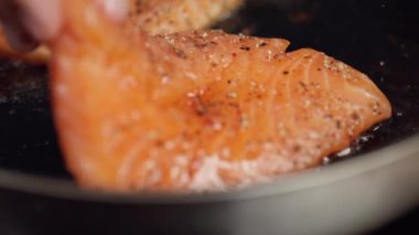 Somon balıklı büyük iştah açıcı biftek sıcak bir tavaya yayılır.. 