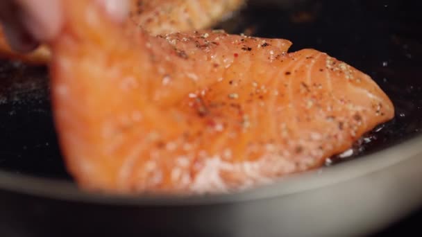 Большой аппетитный рыбный стейк с лосося распространяется в горячей кастрюле. — стоковое видео
