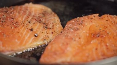 Kırmızı balık biftekleri ve somon balığının yavaş çekim görüntüleri.