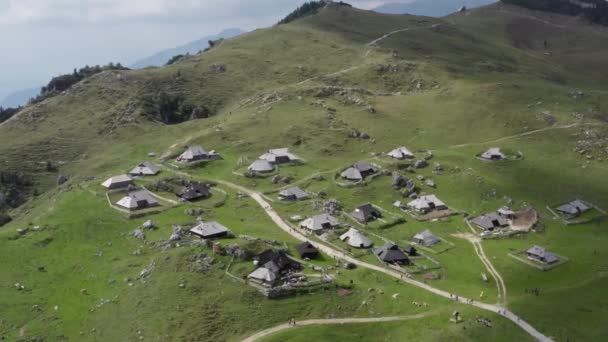 Flygfoto Velika Planina Slovenien. — Stockvideo
