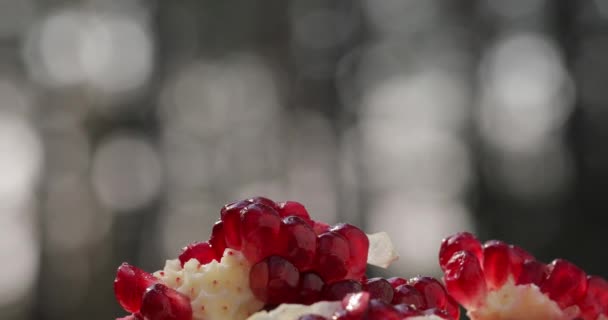 Granatäpple bär, två skott med naturlig bakgrund — Stockvideo