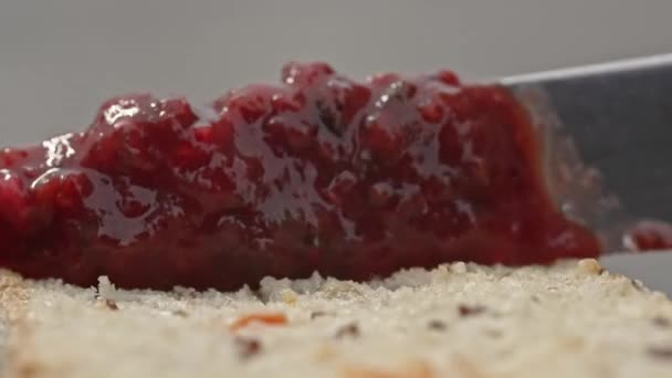 Detailní záběr nože, který rozlil červenou marmeládu na chleba. s piknikem v přírodě — Stock video