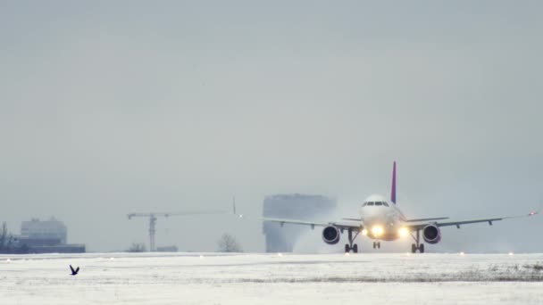 Zimowe lotnisko samolot pasażerski startuje w śnieżnej pogodzie — Wideo stockowe