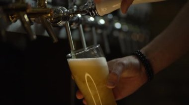 Yavaş çekim videosu bardağa bira dökerken.