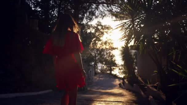 Meisje in een rode jurk loopt op straat met palmbomen aan zee. — Stockvideo