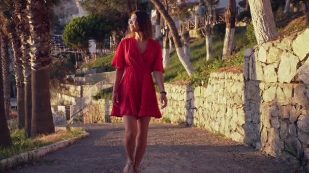 Mooi meisje wandelend op een zonnige zomerdag. Overdag park lopen in slow motion. — Stockvideo