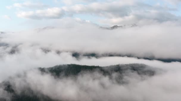 Flygbilder av berg i molnen. Panoramautsikt berg dimma. — Stockvideo