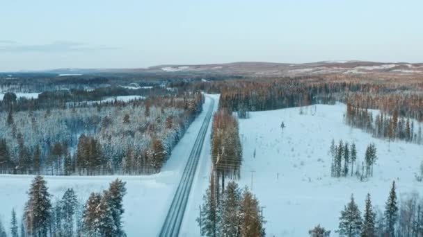 Letecký pohled na zimní cestu v lese. — Stock video