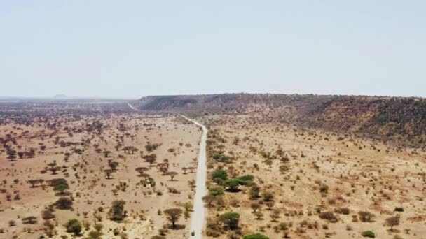 Disparo aéreo en Tanzania. Drone volando sobre la carretera a lo largo de la cual hay árboles — Vídeo de stock