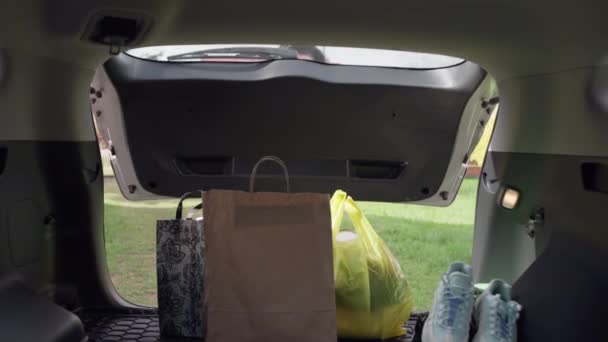 The girl picks up shopping from the trunk. — Stockvideo