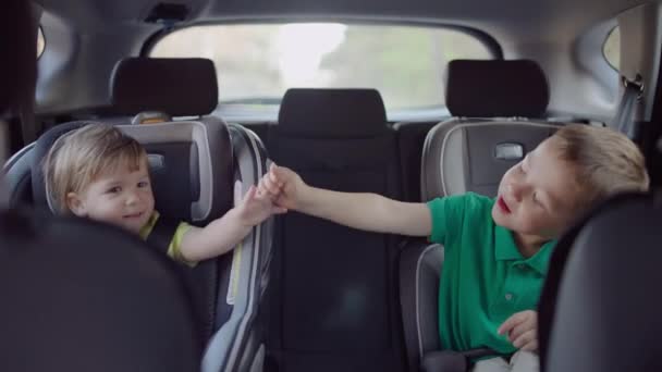 자동차 좌석에 앉아 있는 귀여운 아기와 취학 전의 사내 아이. — 비디오