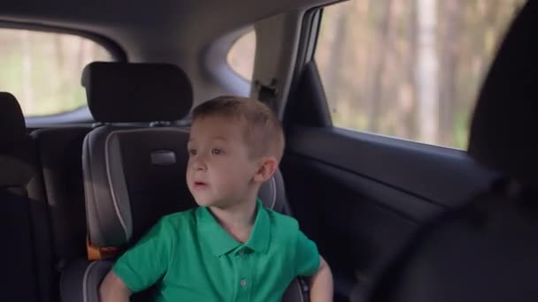 Chłopiec w foteliku samochodowym podczas podróży. — Wideo stockowe