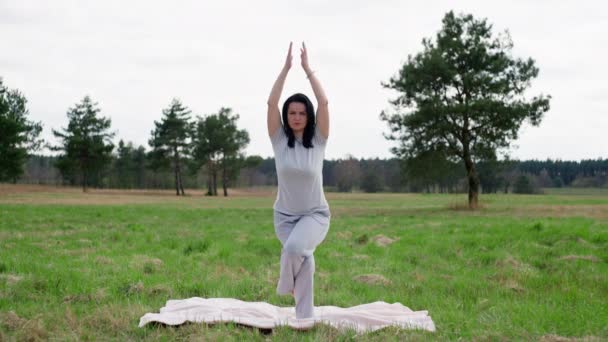 健康的なライフスタイル、自然の中でヨガを練習する女の子. — ストック動画