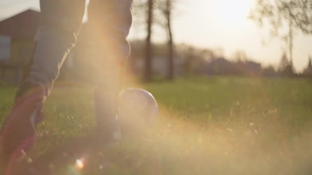 男孩在草地上踢足球。在阳光充足的情况下对脚击球的特写 — 图库视频影像