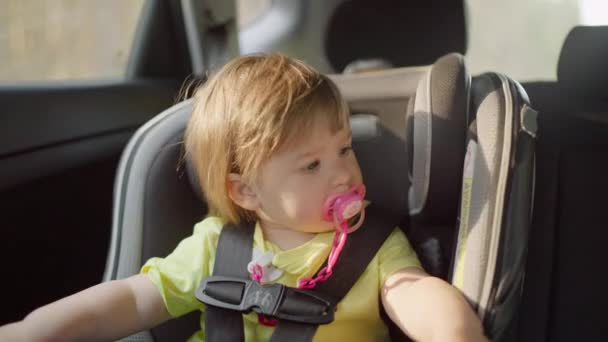 Belle fille caucasienne chevauche dans un siège auto enfant. — Video