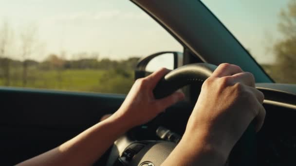 Γυναικεία Χέρια Στο Τιμόνι Ενός Αυτοκινήτου Κορίτσι Πηγαίνει Ένα Ταξίδι — Αρχείο Βίντεο