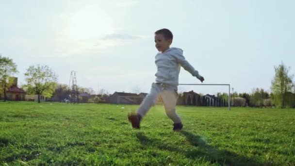 Chłopak Uderza Piłkę Bramkę Szczęśliwe Dziecko Strzela Gola Podczas Gry — Wideo stockowe