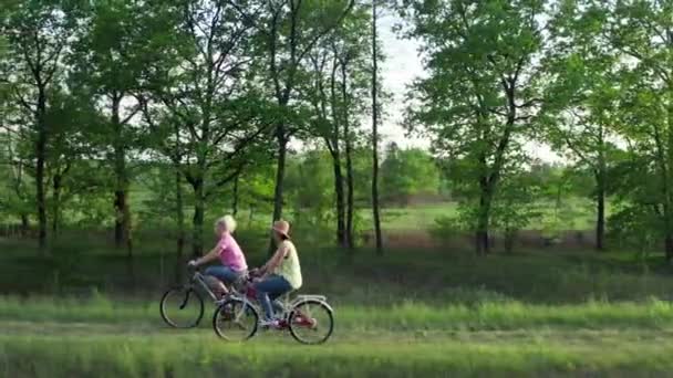 Aktivní Rekreace Cyklistice Přírody Dvě Dívky Kole Parku Životní Styl — Stock video
