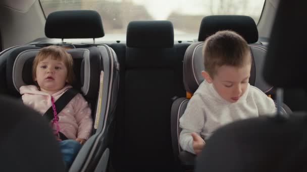 两个孩子 她的哥哥和姐姐坐在汽车座位上 有一男一女开车旅行的家庭 孩子们都很无聊 — 图库视频影像