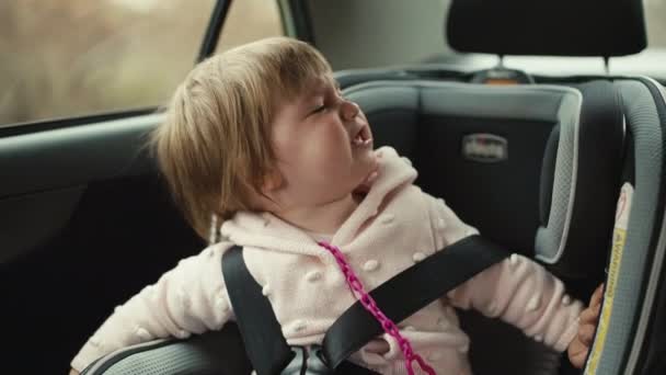 Little Girl Cries While Traveling Car Child Nervous Child Car — Stock Video