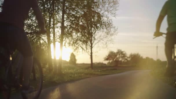 家族は公園で一緒に自転車に乗っています 美しい自然の夕日と道路に自転車に乗って息子とお母さん — ストック動画