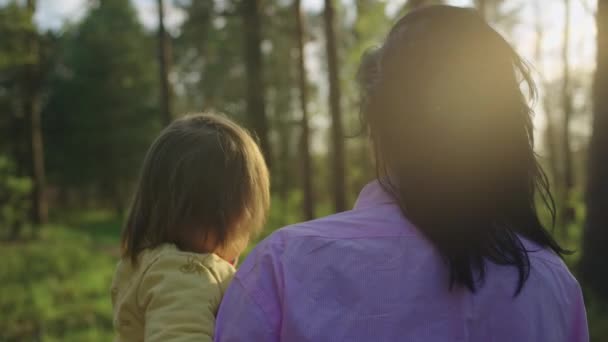 子供の腕の中で公園を歩く女性 幸せな家族は日没時に美しい自然の中で一緒に歩く — ストック動画
