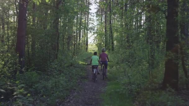 一家人一起骑自行车穿过树林 一队母亲和儿子骑自行车在公园的一条小径上 — 图库视频影像