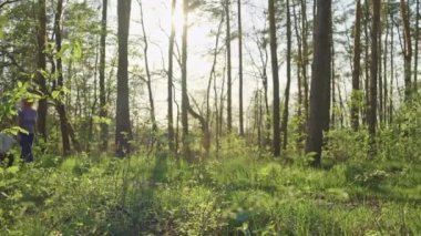Büyükannem ve torunum gün batımında parkta birlikte yürüyorlar. Çocuklar için aile sevgisi, doğada birlikte vakit geçirmek, birlikte mutlu olmak..