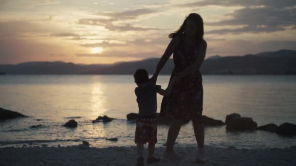 Mujer Feliz Con Hijo Junto Mar Familia Descansando Junto Océano — Vídeos de Stock