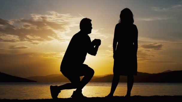 Silhouette Romantiche Uomo Che Offre Sposare Una Donna Creando Una — Video Stock