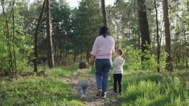 子供と一緒にお母さんは森の中を歩く 家族は一緒に満足しています 女の男の子と女の子が公園の道を歩く — ストック動画