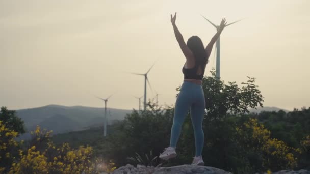 Das Mädchen Auf Dem Gipfel Des Berges Hebt Die Hände — Stockvideo