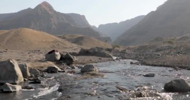 Suyu ağaçların arasından akan dağ nehri ve dağların tepeleri ve arka plandaki dağ sıraları ve zirveleri. Güzel Afrika manzara video arkaplanı.