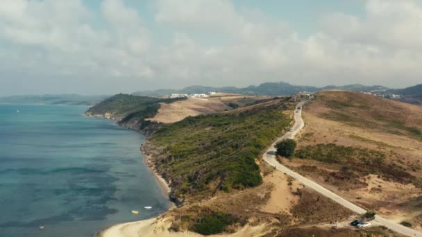 Aerial Shot Cape Rodon Albania Vuelo Avión Tripulado Sobre Península — Vídeos de Stock