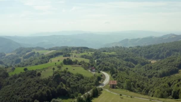 緑のフィールドとフィールドを持つ空中ビューバルカン風景 セルビア 緑の木々や崖の美しい景色で山の間を風が道路上の山の上のドローン飛行 — ストック動画