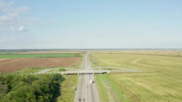 空射向塞尔维亚 无人机飞过道路和田野的交叉口 你可以在那里看到汽车 沥青和美丽的风景 — 图库视频影像