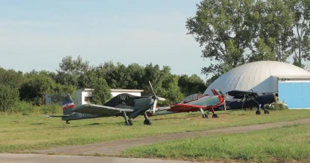 Three Old Historic Planes Parked Ground Blades Aircraft Wings Wheels — Stock Video