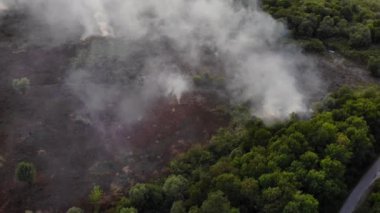 Dağlarda hava manzaralı orman yangını. Orman yangınından kalma büyük alevler. Ahşap tepelerde yangın ve duman. Karadağ 'da doğal afet yangını.