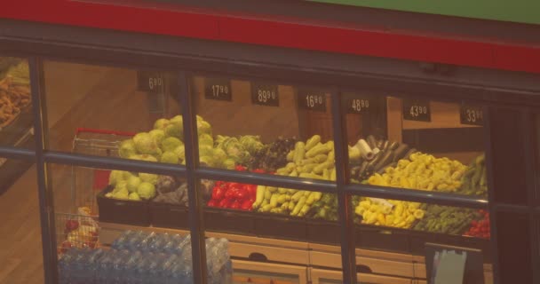 Video Supermarket Window Window See Layout Fruits Vegetables Sold Store — Stock Video