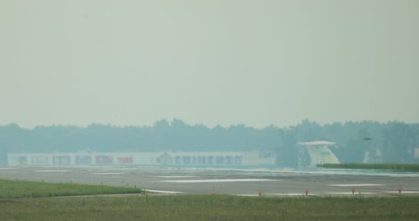 Samolot Ląduje Pasie Startowym Lotnisku Koła Samolotu Dotykają Ziemi Dym — Wideo stockowe